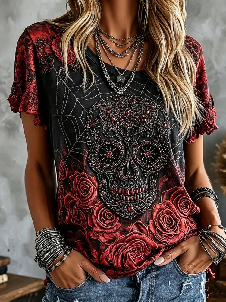 Women's Vintage Skull And Rose Art V-neck Short Sleeve Top