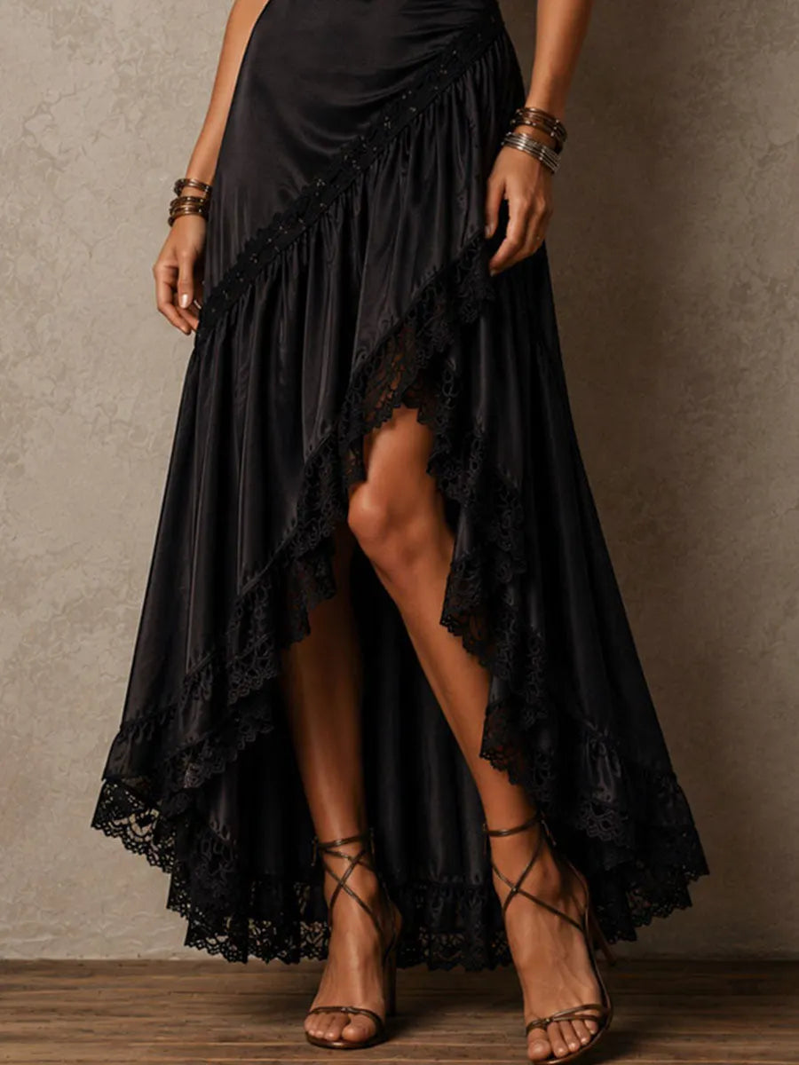 Elegant Black Satin Lace-trimmed Asymmetrical Maxi Dress