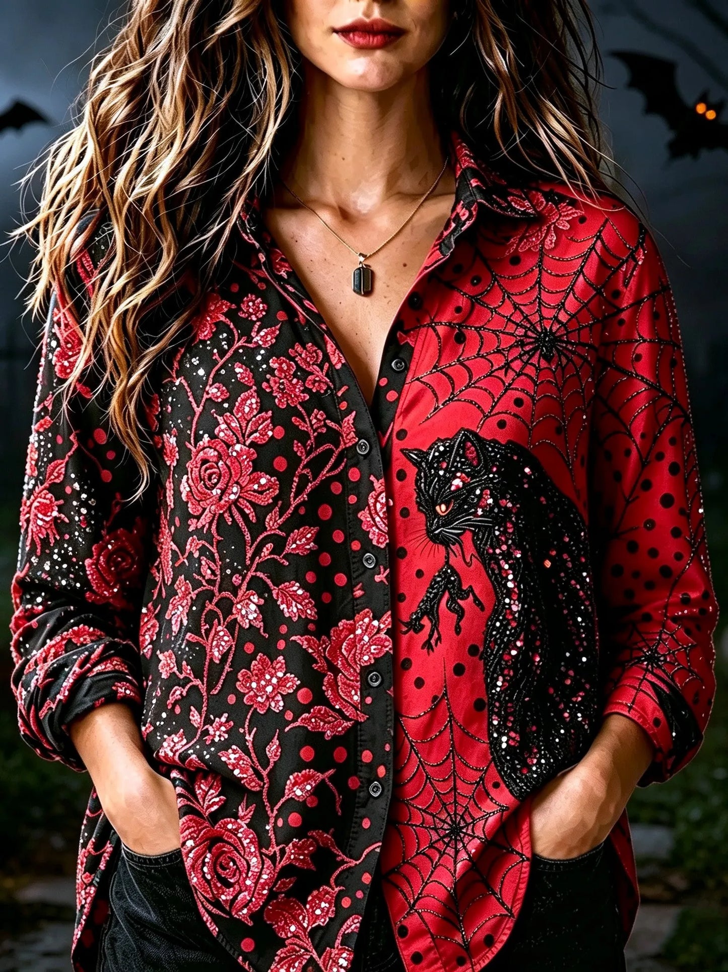 Women's Retro Halloween Style Cat And Rose Floral Embroidered Print Shirt