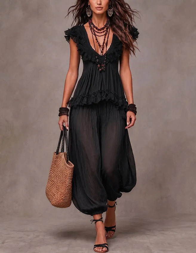 Women's Bohemian Style Lace Top And Harem Pants Set