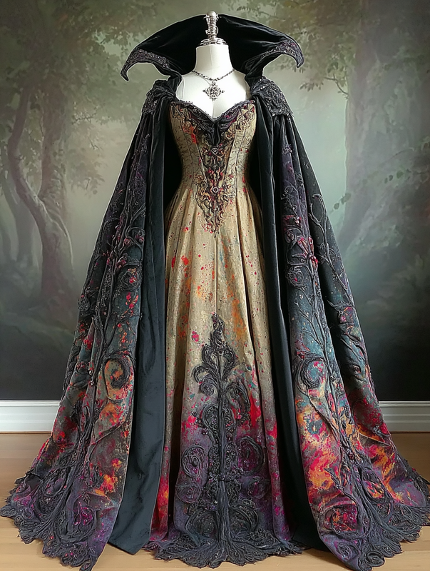 WOMEN'S HALLOWEEN PARTY CONTRAST COLOR LOOSE WIDE SLEEVE CAPE DRESS 092c
