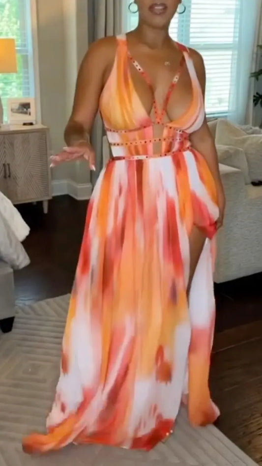 Orange Tie-Dye Halter Maxi Dress