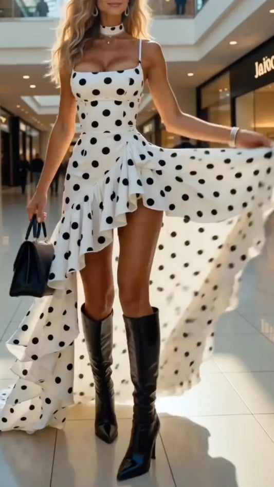 White Polka Dot High-Low Ruffle Dress