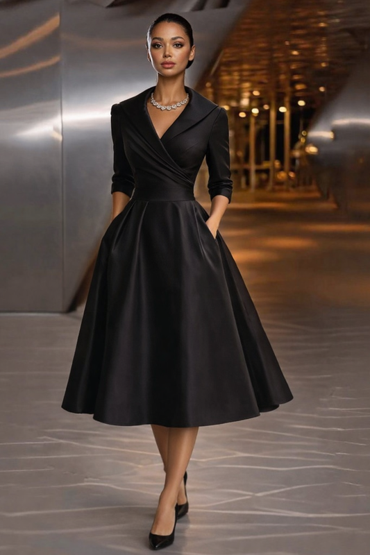 Satin Notch Lapel Wrap Waist Flared Midi Dress