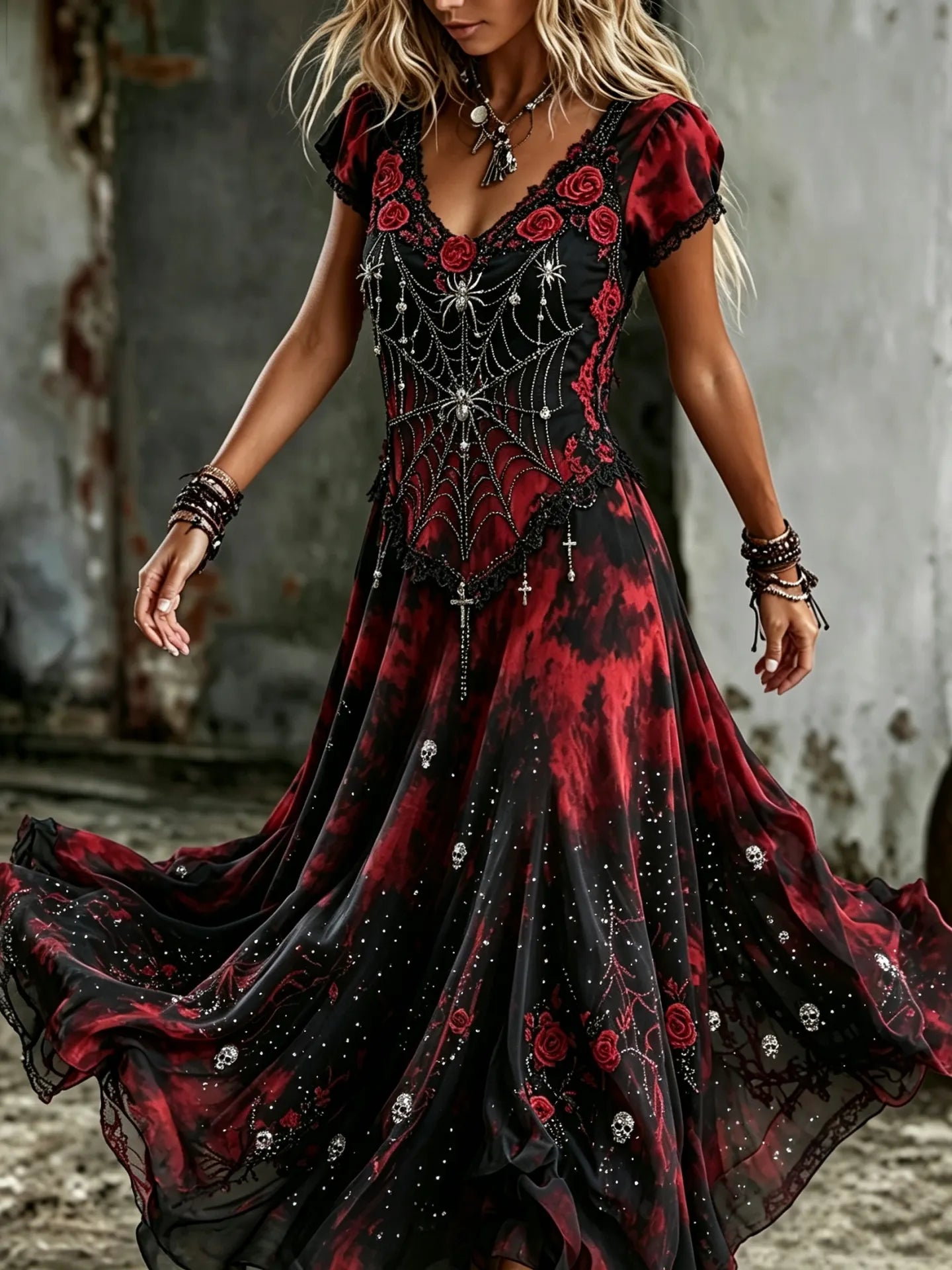Women's Retro Gothic Spider Skull Floral Gradient Pattern Print Short-sleeve Mixi Dress