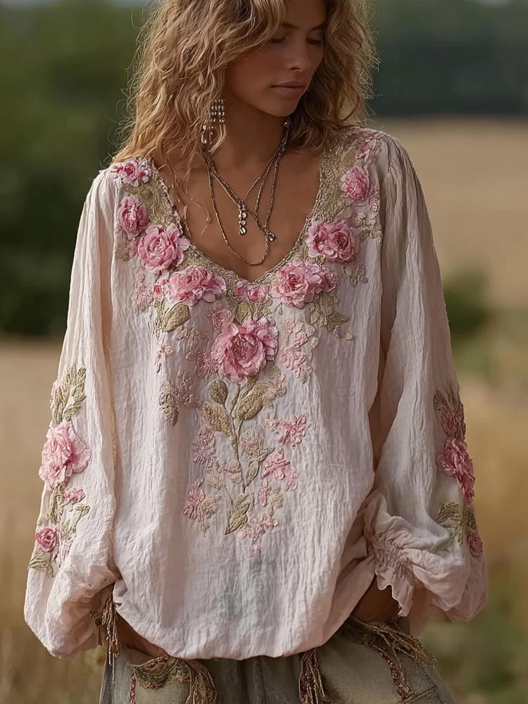 Bohemian Retro Style Plant Flower Design Women's Linen Long-sleeve Top