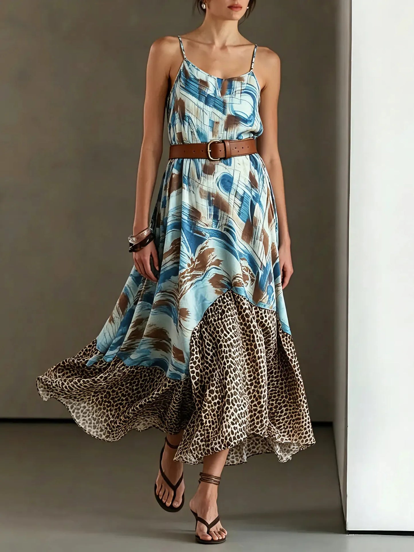Women's Ink Leopard Print Patchwork Slip Maxi Dress