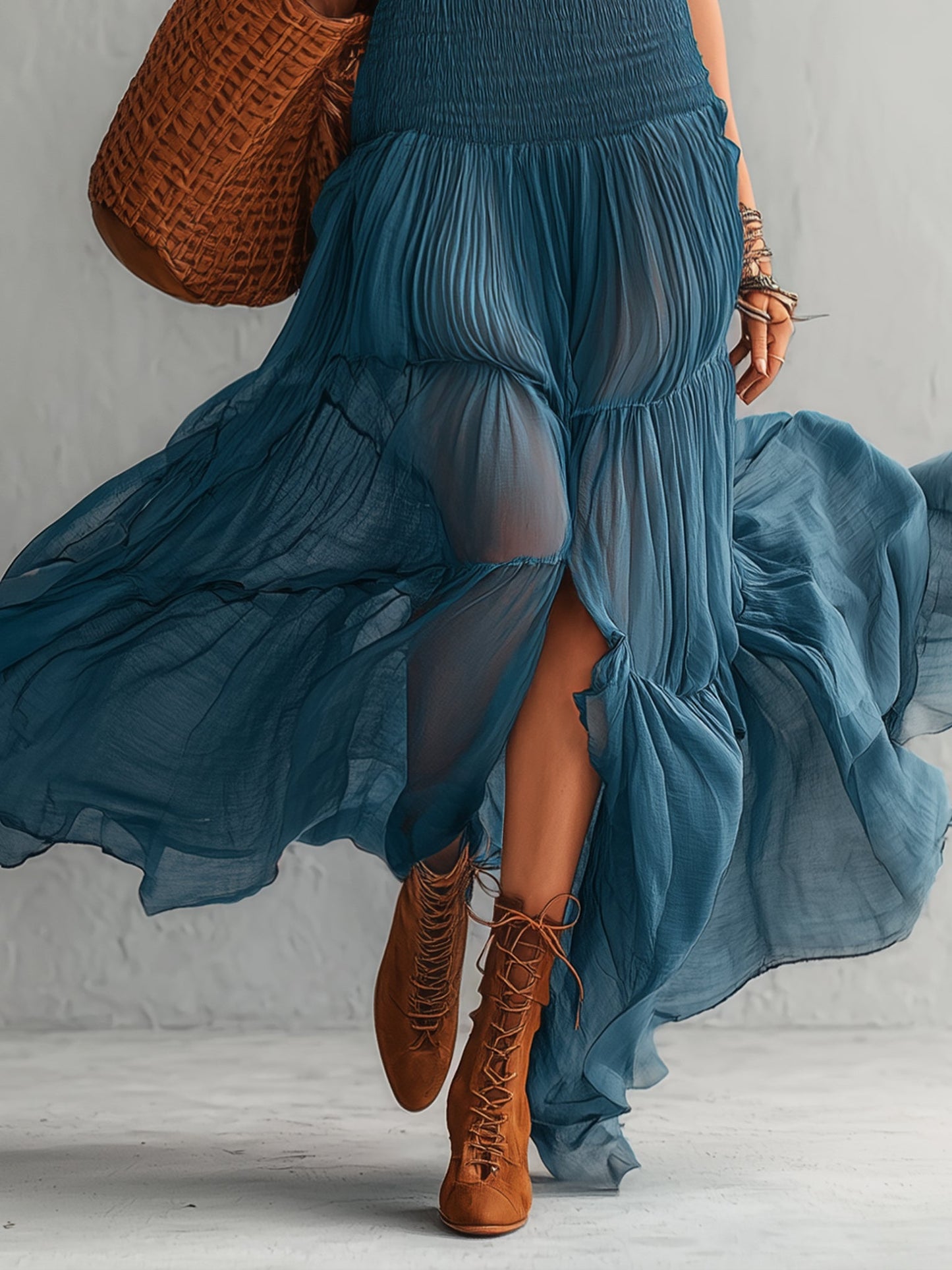 Blue strapless stretchy ruched chiffon maxi dress