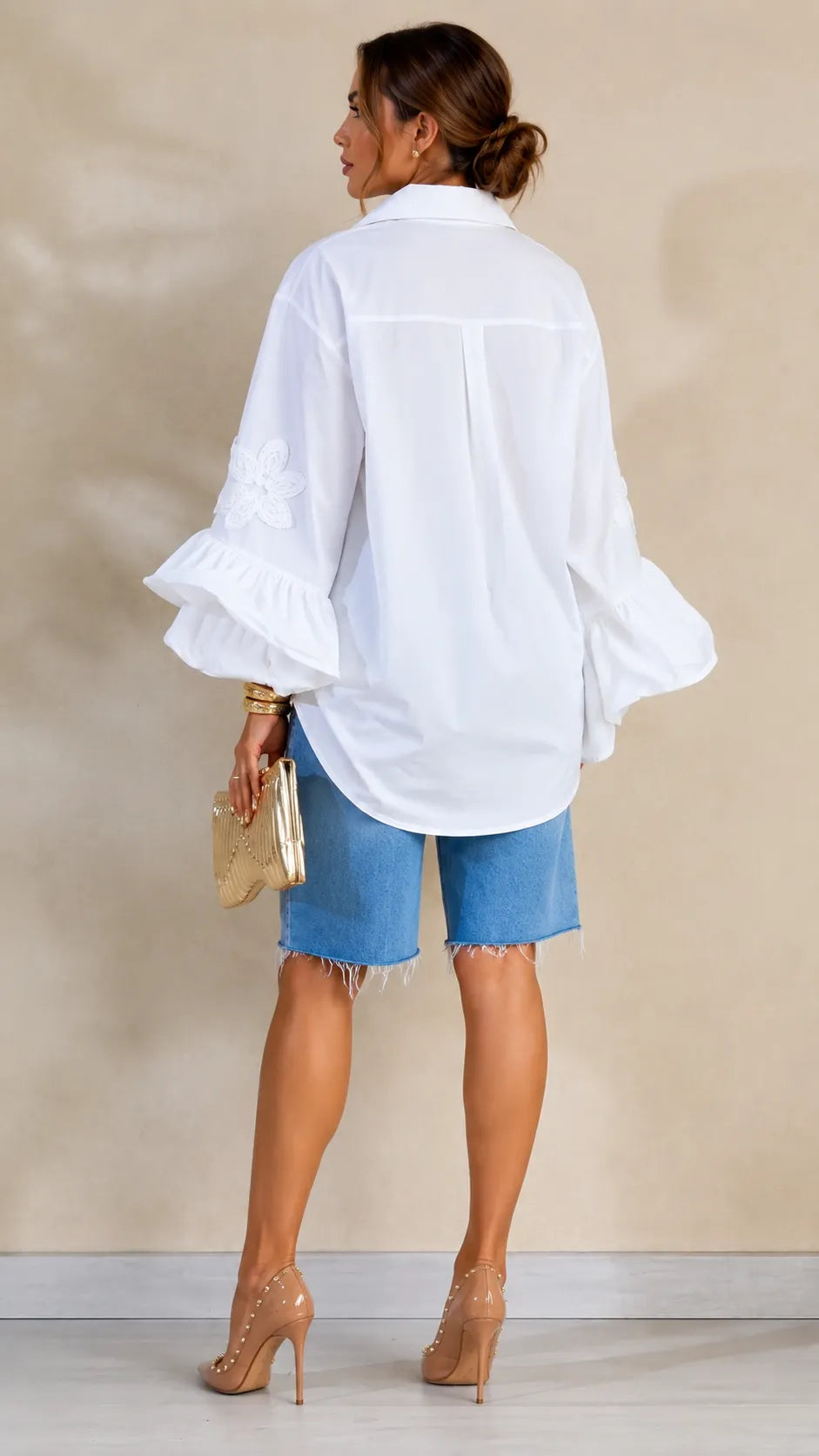 Oversized Embroidery Ruffle Shirt & Raw‑Hem Denim Knee Shorts