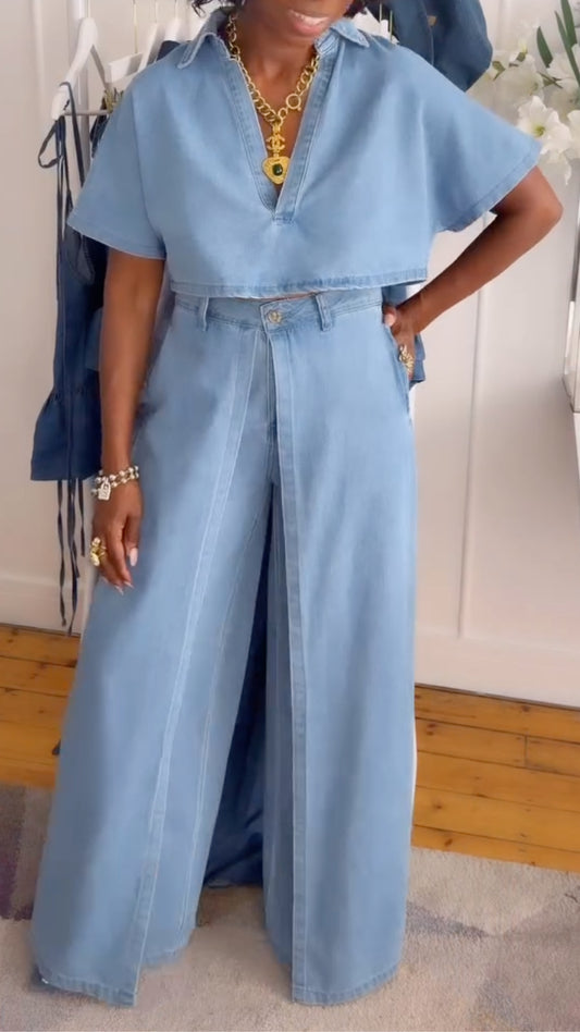 Cropped Denim Shirt & Wide Leg Pants Two Piece Set