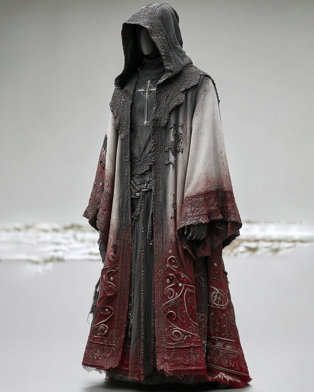 Men's Halloween Gradient Lace Embroidery Linen Hooded Cape 8d61