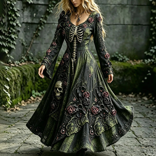 Women's Retro Floral Human Skeletal Art Pattern Casual Linen Maxi Dress