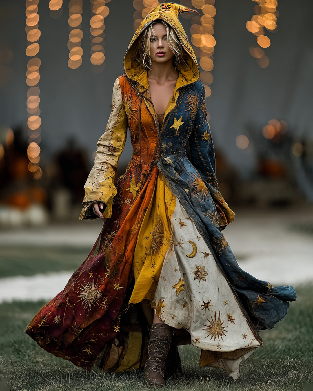 Star And Moon Themed Embroidery Contrast Color Hooded Witch Dress 8f9e