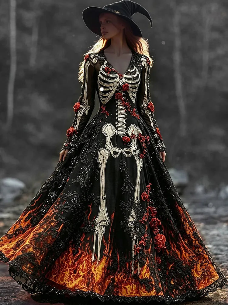 Halloween Witch Flame And Bone Art Casual Flowing Long Dress
