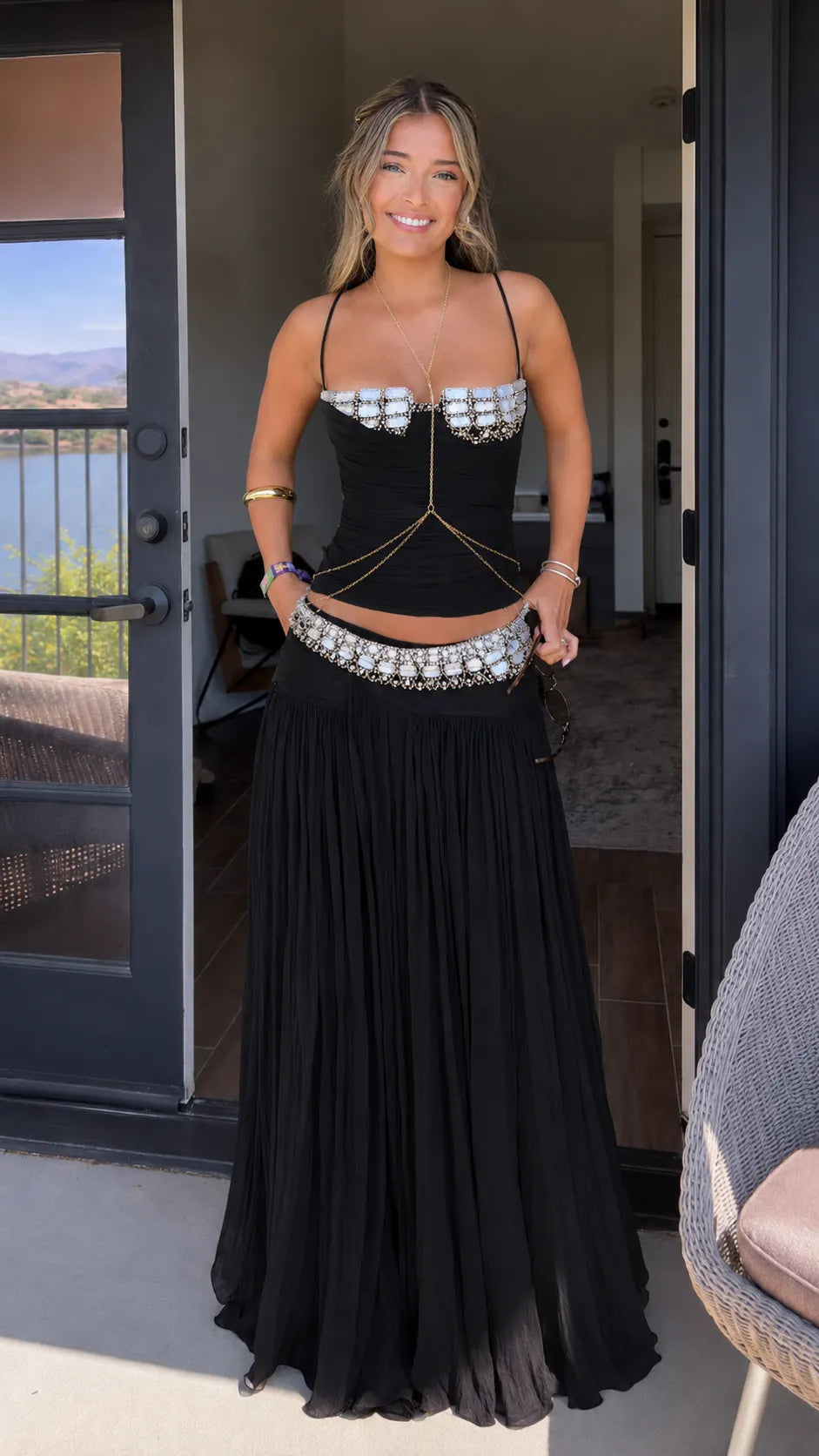 Beaded Pleated Chiffon Maxi Dress Set