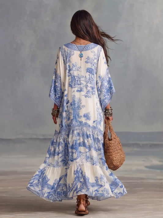 Blue White Floral Print V-neck Batwing Sleeve Kaftan Resort Maxi Dress