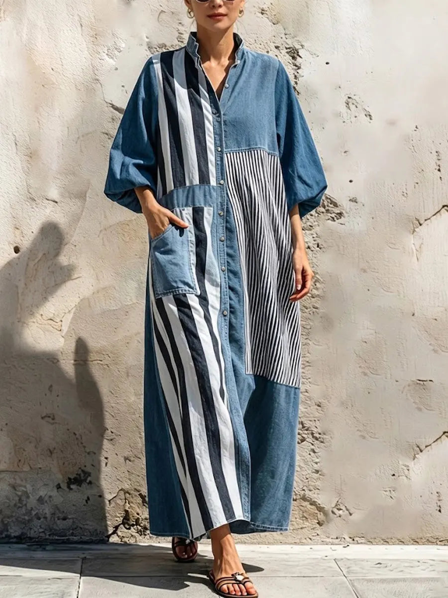Washed Denim Multi-stripe Splice Stand Collar Lantern Long Sleeve Full Button Loose Maxi Shirt Dress