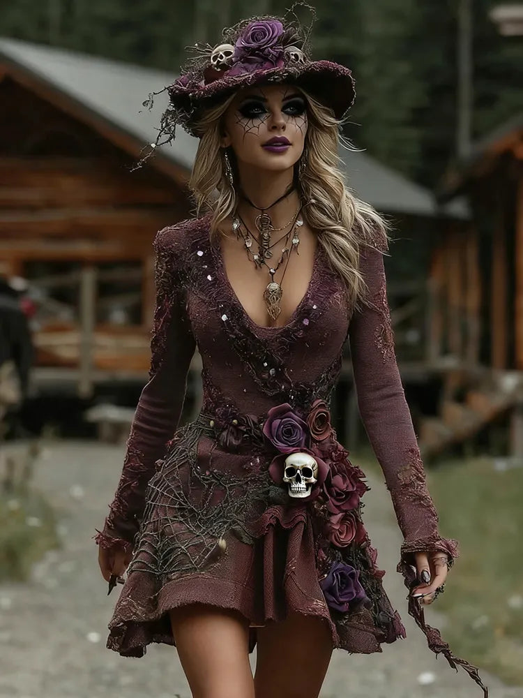Women's Halloween Rose Skull Spider Web Witch Splicing Midi Dress