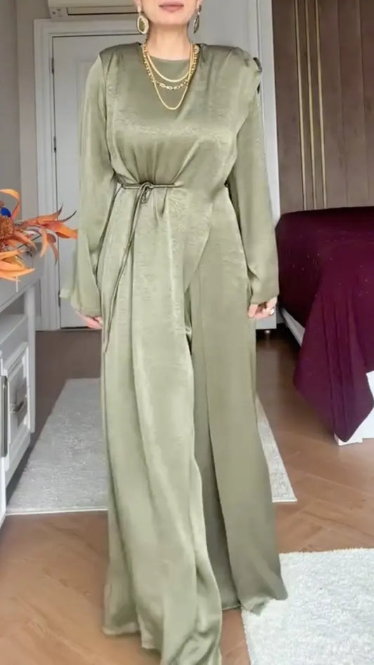 Women's Casual Satin Set with Slit Asymmetrical Top and Trousers