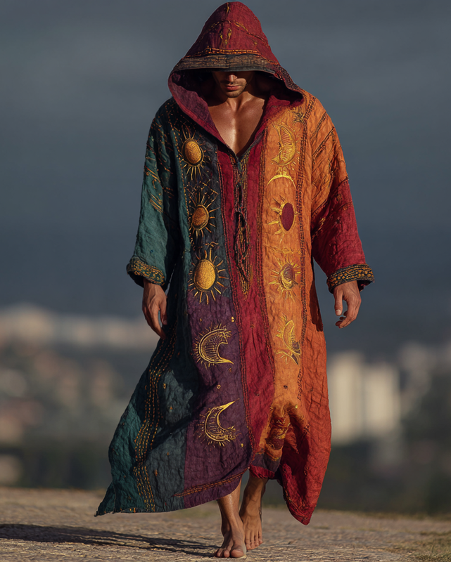 Men's summer vacation star and moon 3D embroidery casual linen hooded kaftan 80f2