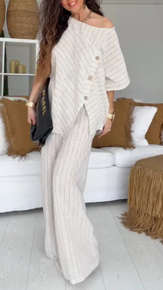 Linen Pinstripe Asymmetric Top & Wide Leg Pants Co‑Ord Set