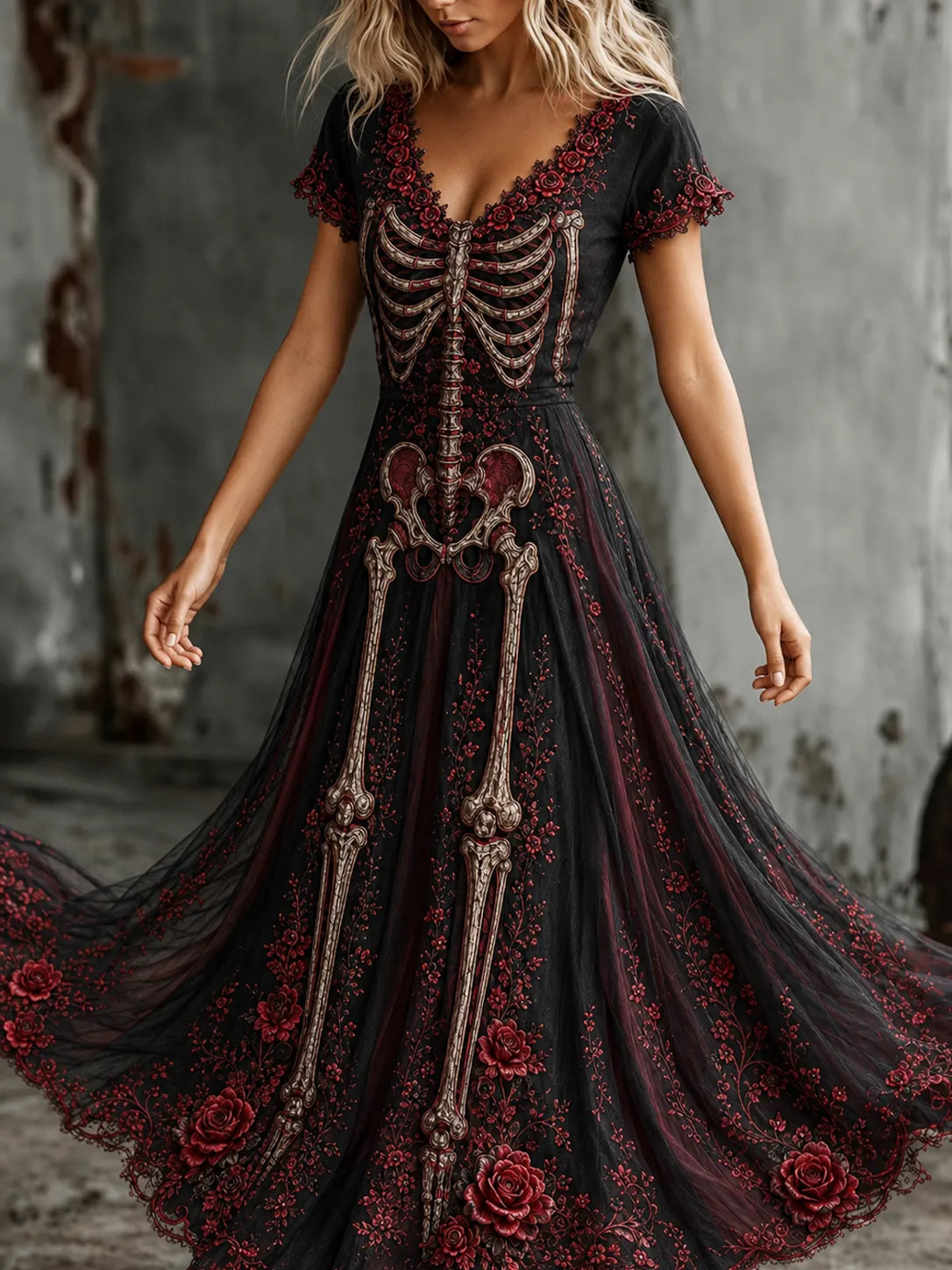 Women's Vintage Skeleton Floral Art V-neck Short Sleeve Maxi Dress