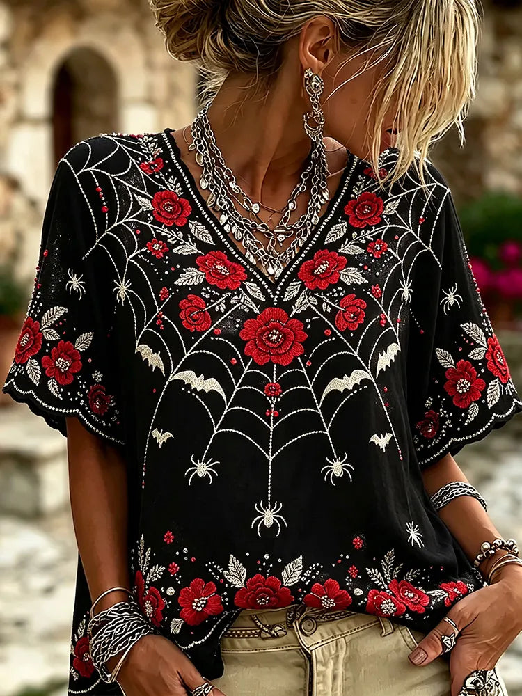 Vintage Gothic Spider Web Red Rose Embroidery V Neck Top