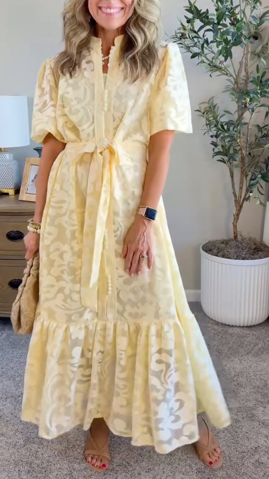 Yellow Floral Jacquard Midi Dress