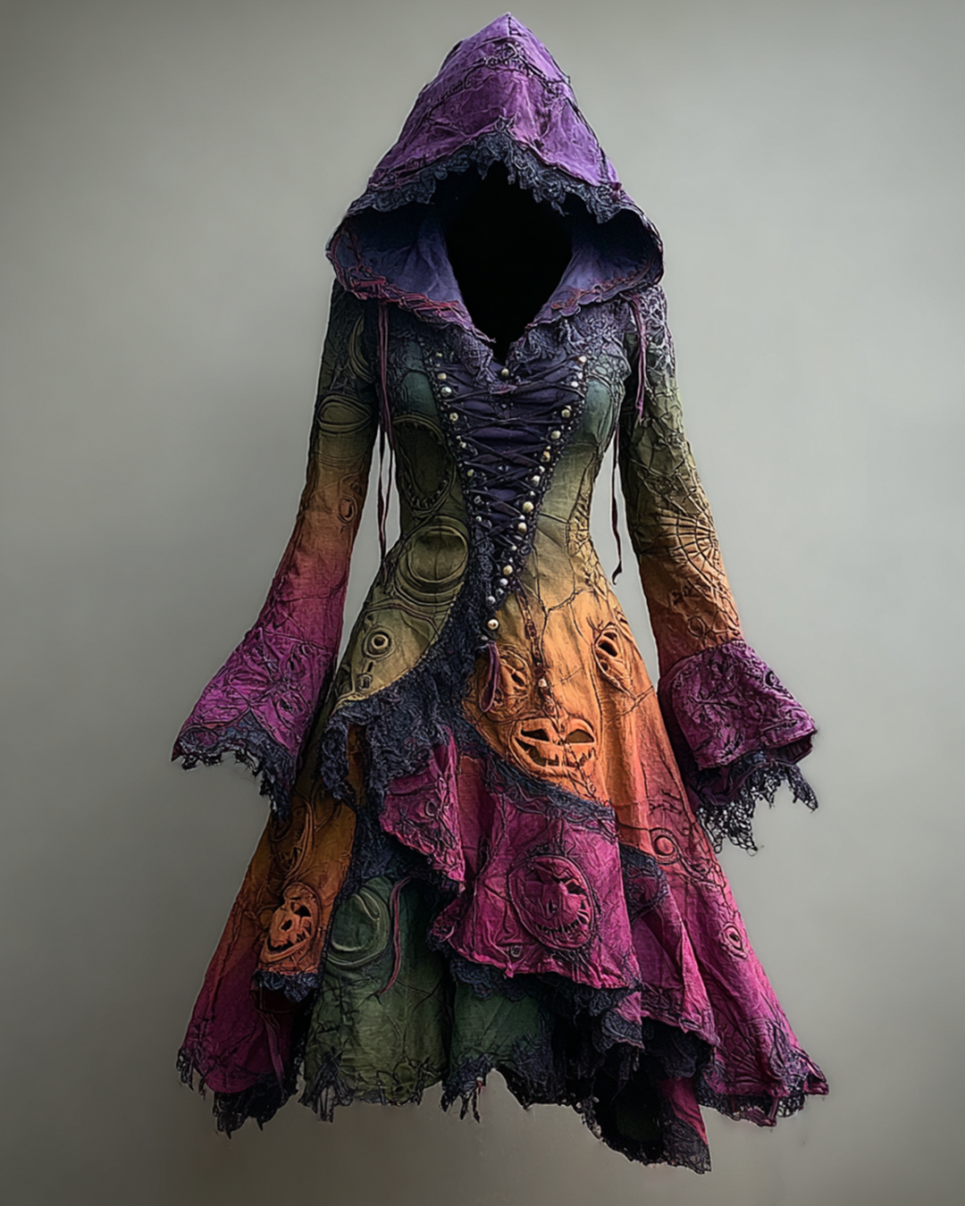 Halloween Themed Irregular Gradient Lace Patchwork Embroidered Hooded Dress 930d