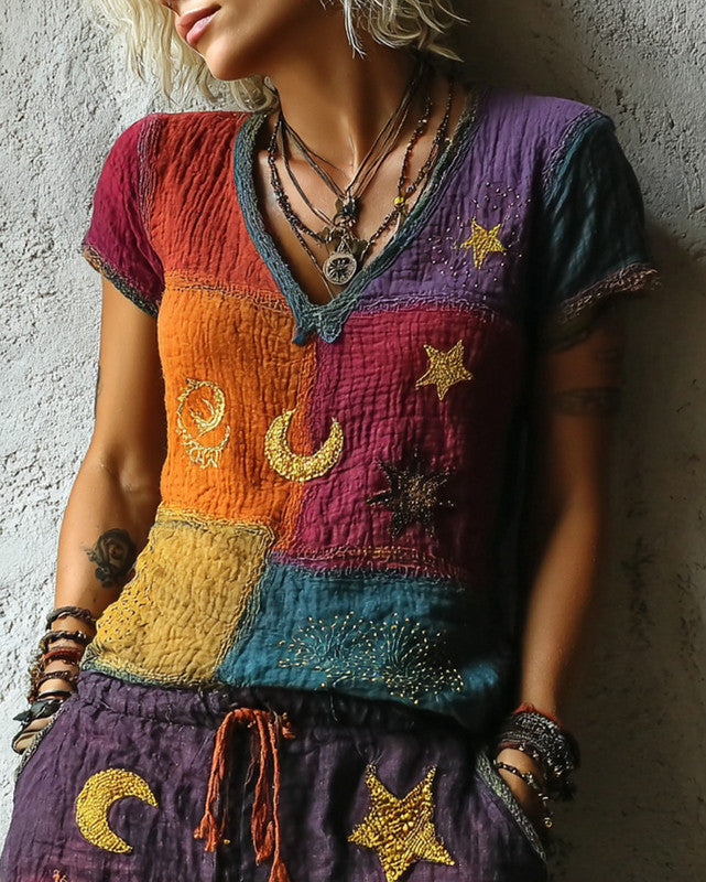 Women's Summer Vacation Stars and Moon Embroidered Linen Patchwork Top 68a9