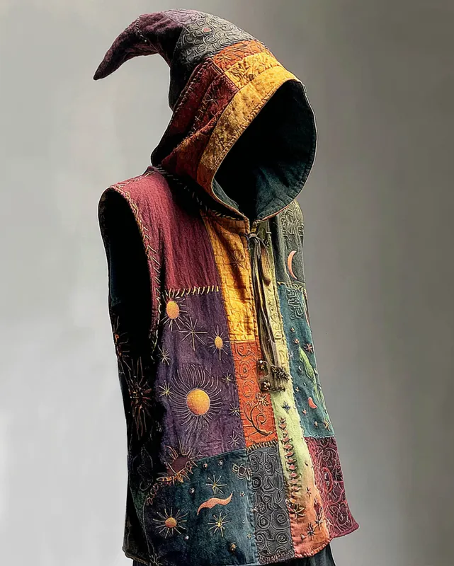 Men's Summer Vacation Star and Moon Embroidery Rainbow Contrast Hooded Sleeveless Top 4bef