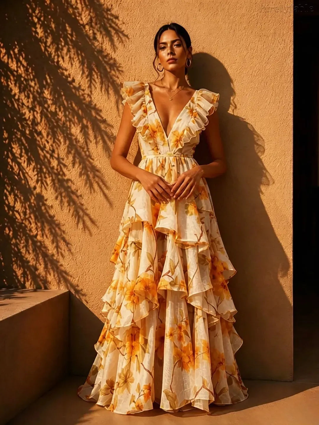 Yellow V Neck Floral Print Ruffle Hem Maxi Dress
