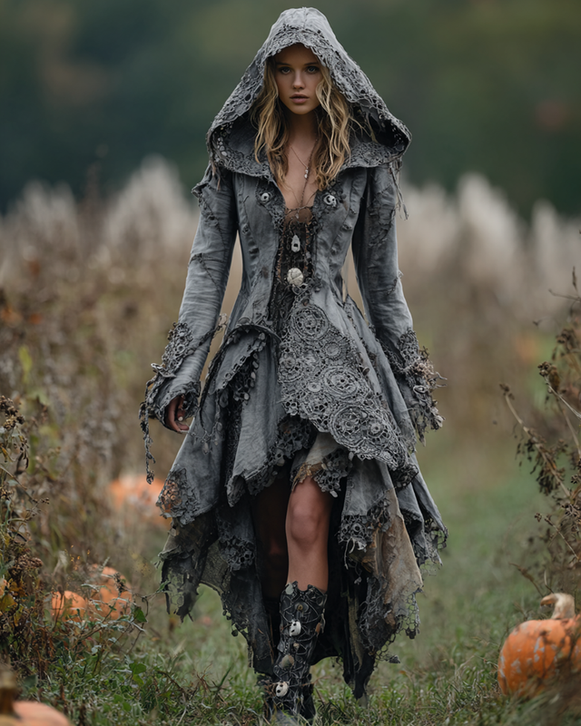 Halloween Themed Irregular Lace Patchwork Hooded Dress 5bbc