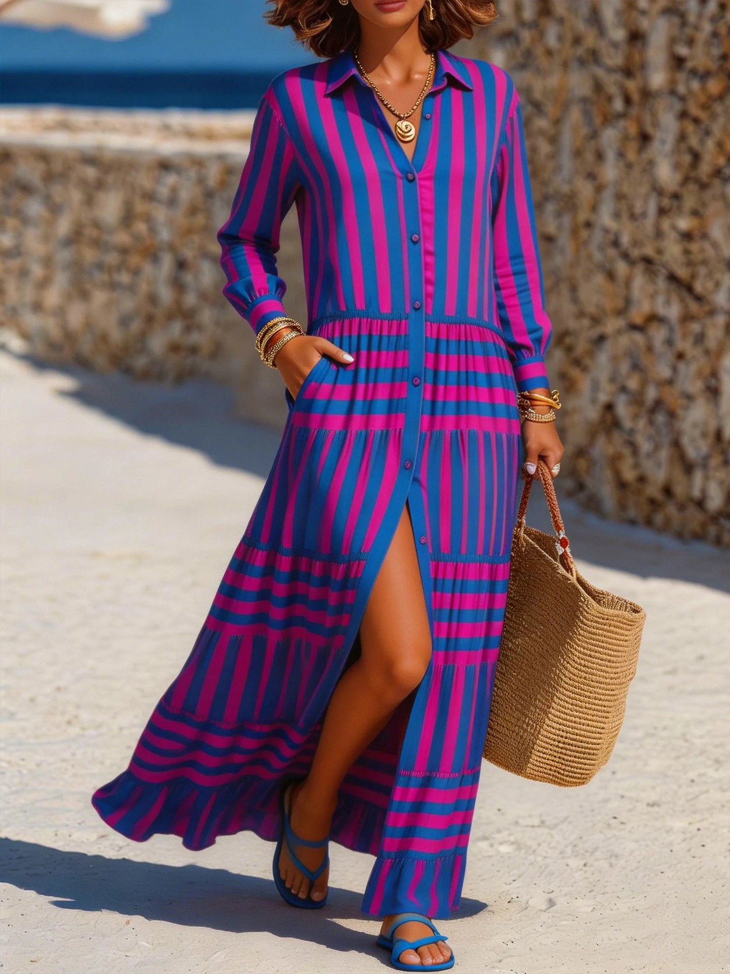 Women's Vibrant pink & blue vertical stripe shirt dress with collared neck and full button front. Elastic waist tiered ruffle skirt, front slit and side pockets. Light flowy fabric, eye-catching resort wear for beach and summer daily outfits.