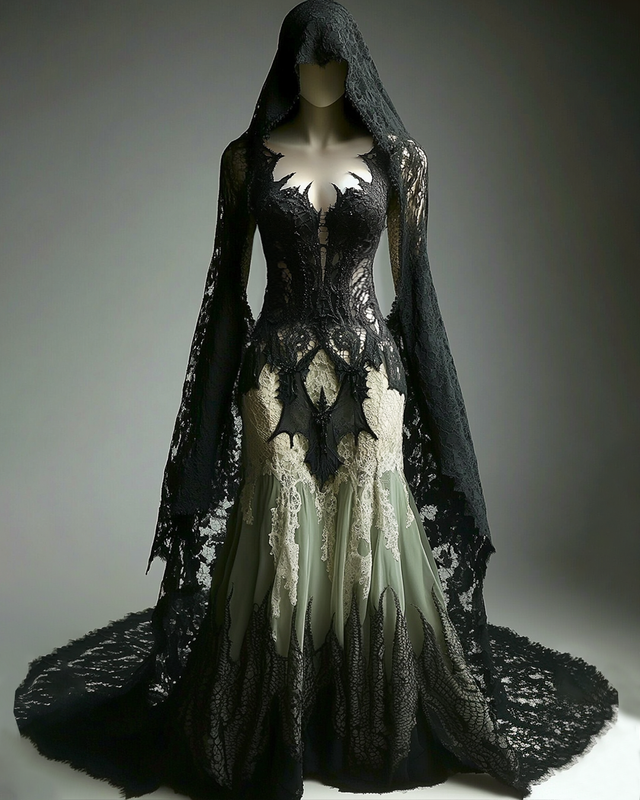 Halloween themed gradient bat lace embroidery patchwork hooded dress e3f4