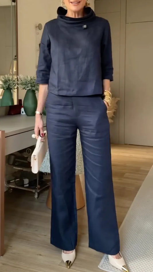 Navy Blue Linen Cowl Neck Top & Wide Leg Pants Co-Ord Set