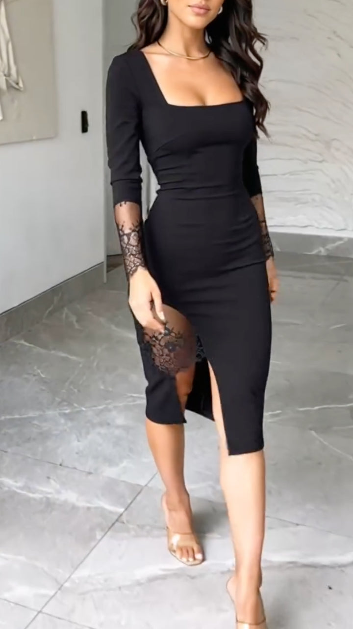 Black Square Neck Lace Midi Dress
