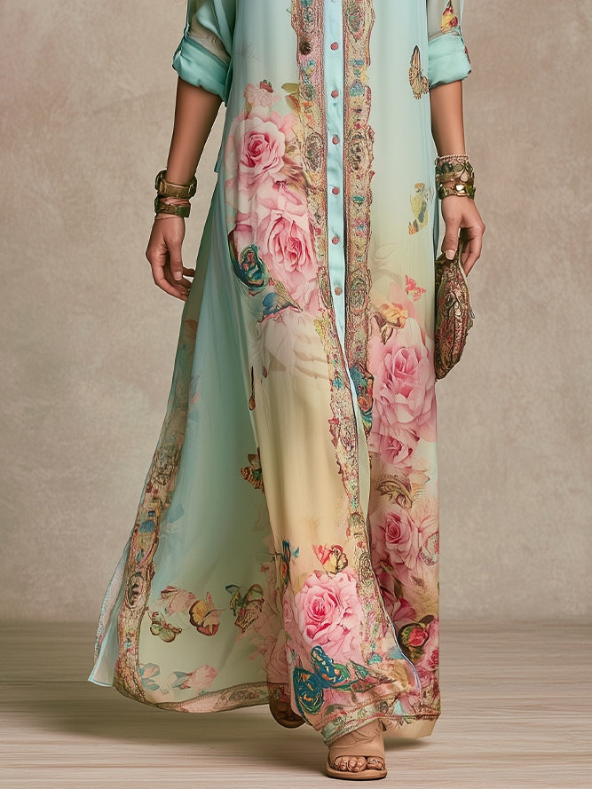 Baroque Mint Green Chiffon Floral Shirt Maxi Dress
