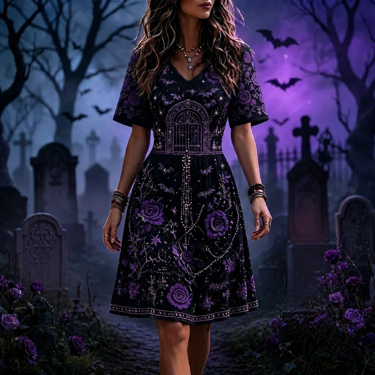 Women's Gothic V-neck Short Sleeve Dress With Purple Roses And Archway Print