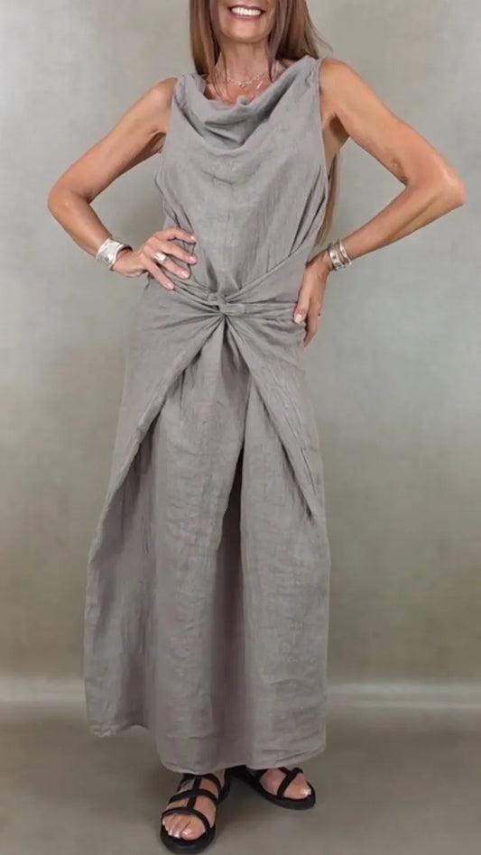 Linen Blend Sleeveless Wrap Dress