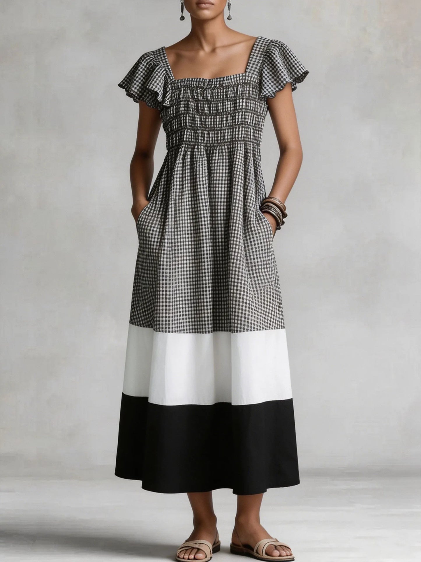 Women’s Gingham Color Block Square Neck Ruffle Sleeve Cotton Linen Midi Dress