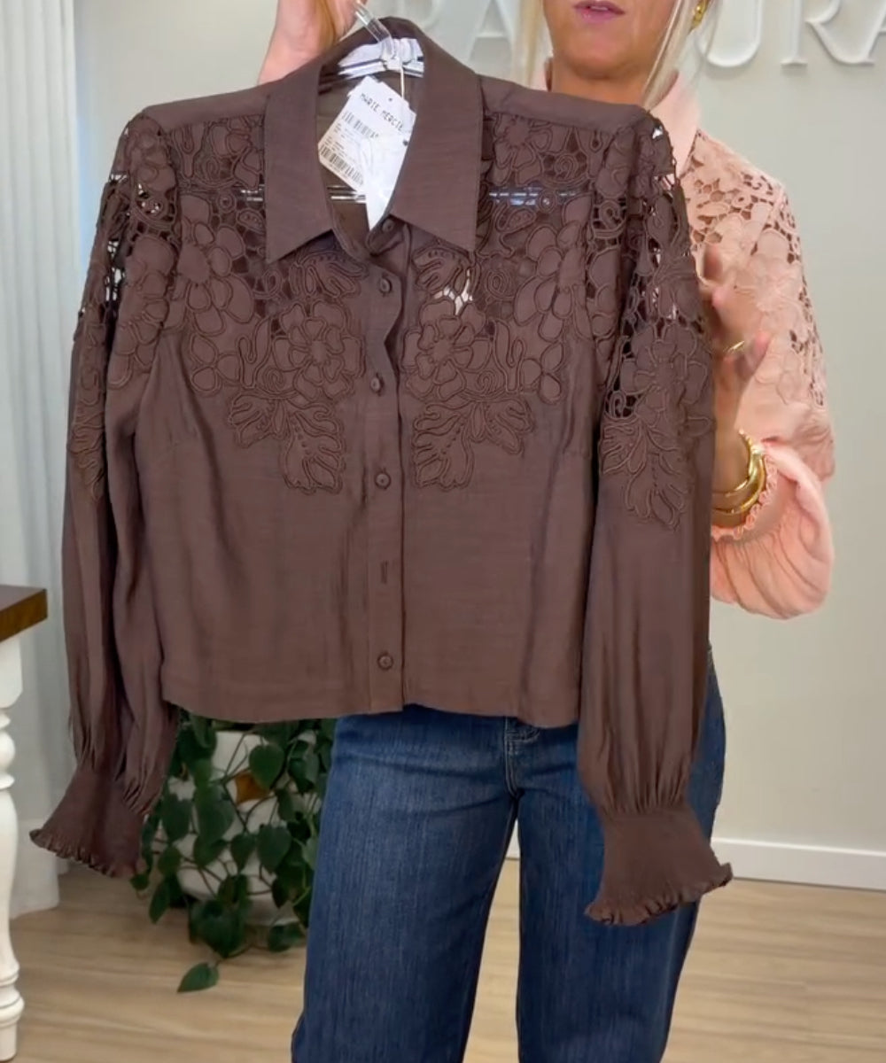 Floral Cutout Lace Button Down Blouse