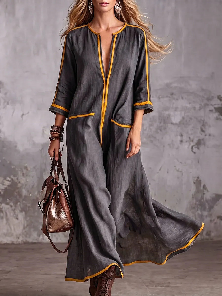 Women's Casual Loose Cotton-linen Dress With V-neck And 3/4 Sleeves