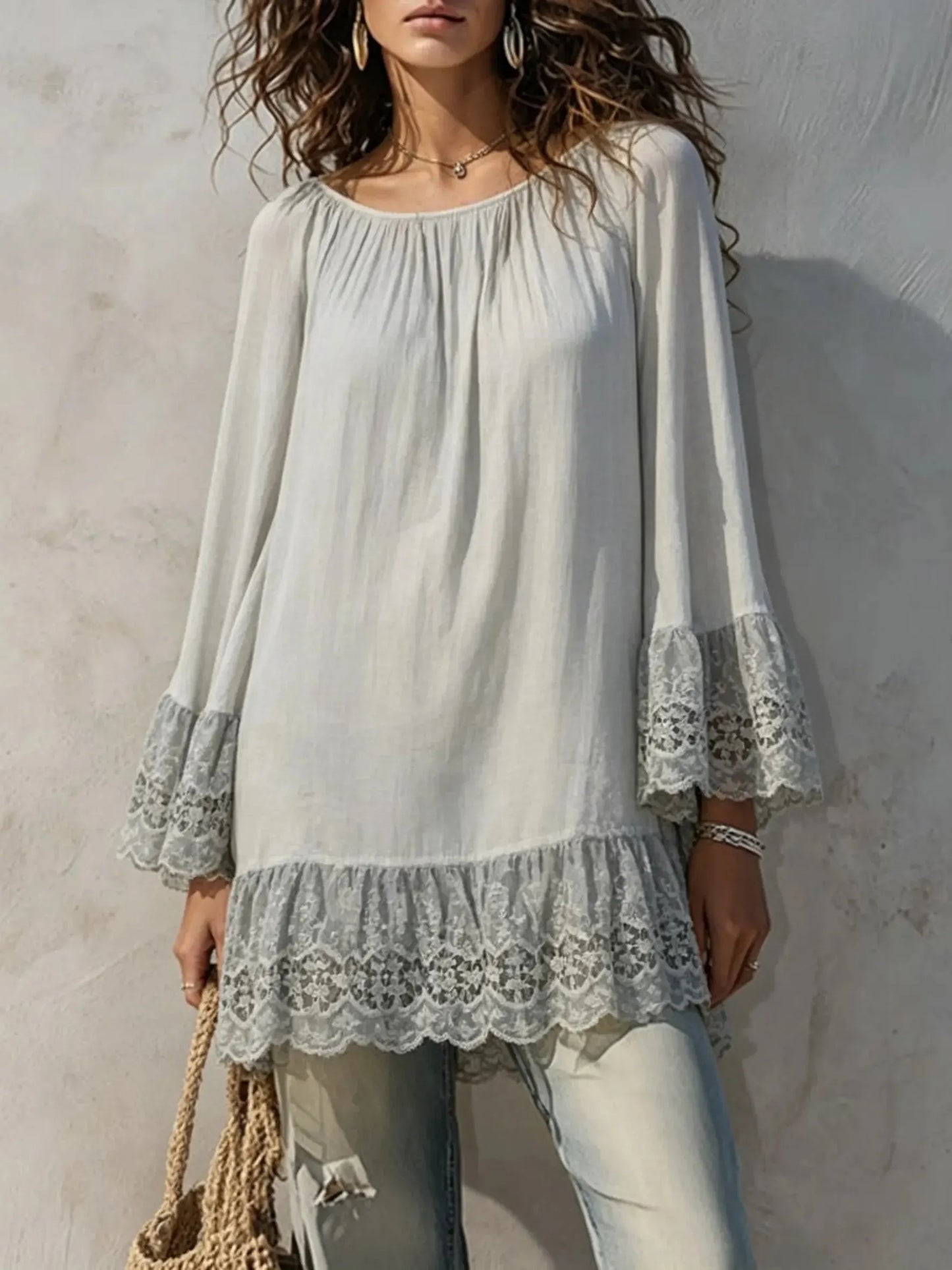 Women's Solid-Color Lace Flare-Sleeve Loose Long Top