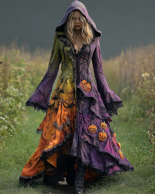 Halloween Themed Irregular Gradient Gradient Pumpkin Spiderweb Embroidery Hooded Dress 2368