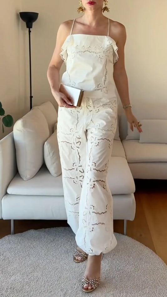 Eyelet Lace Spaghetti Strap Two Piece Pant Set