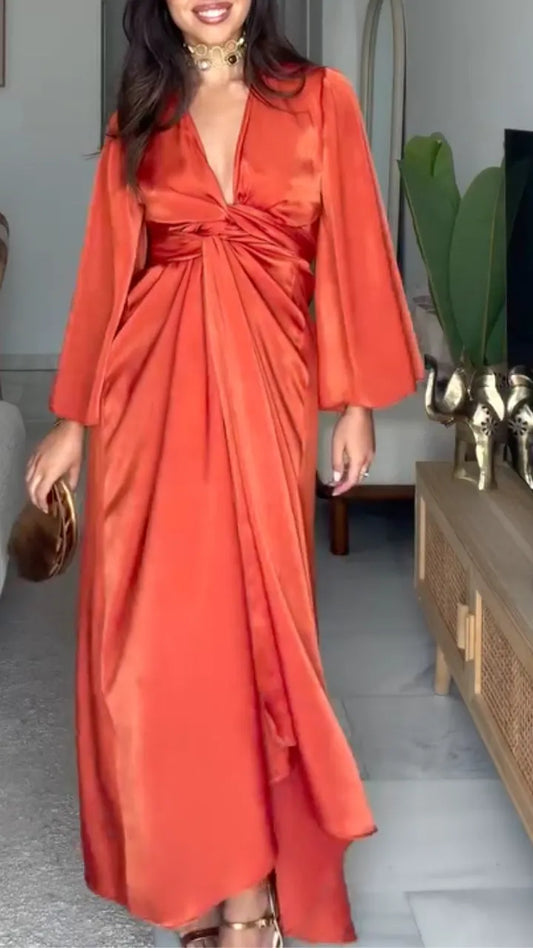 Burnt Orange Satin Wrap Maxi Dress