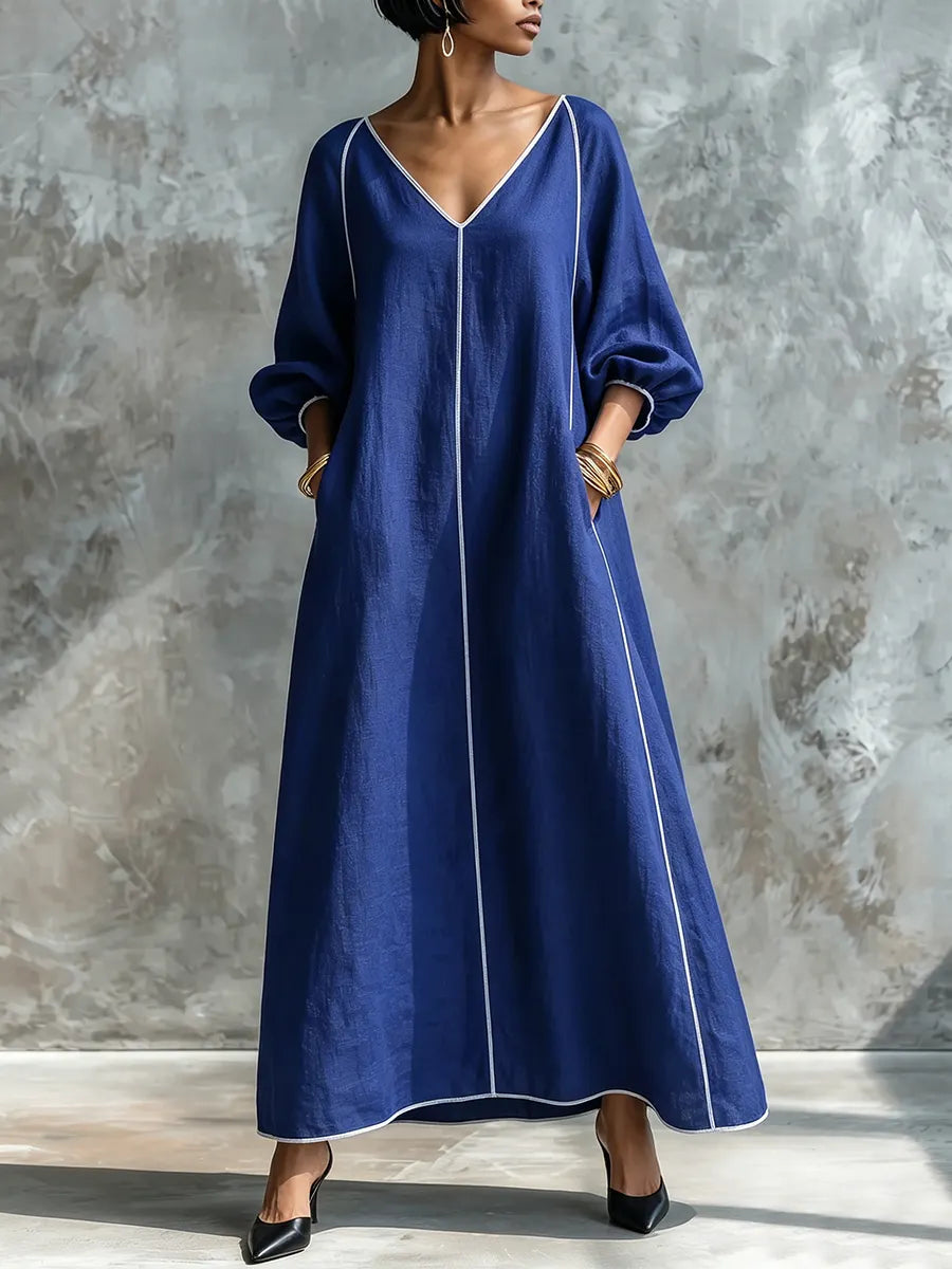 Minimalist Elegant Cotton-linen Lantern-sleeve Dress With Piping Detail