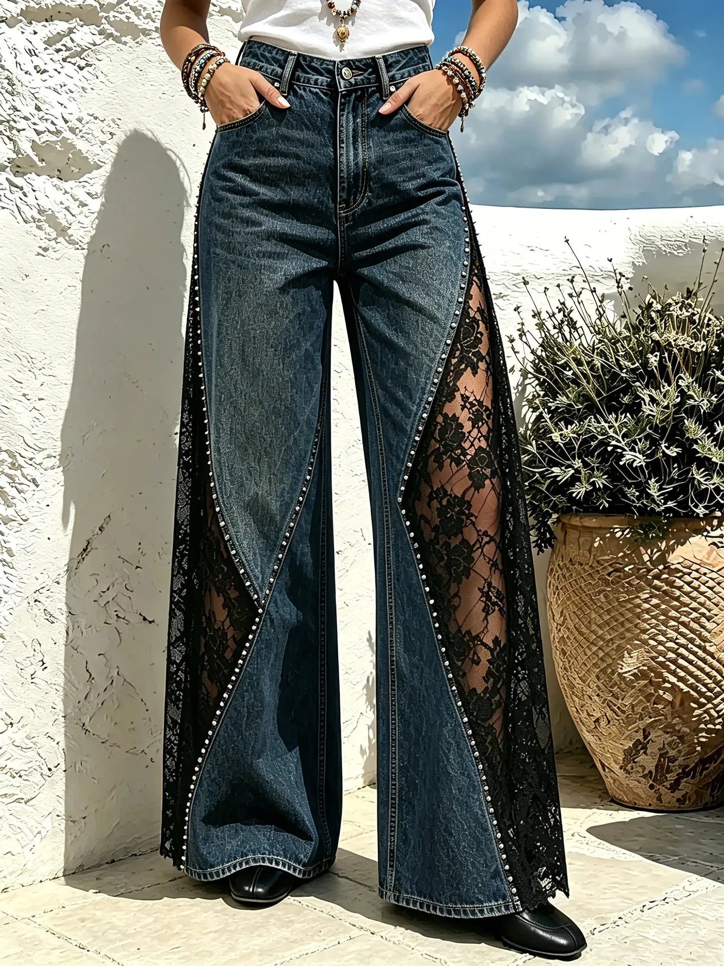 Women's Solid Side Lace Rhinestone Flare Jeans