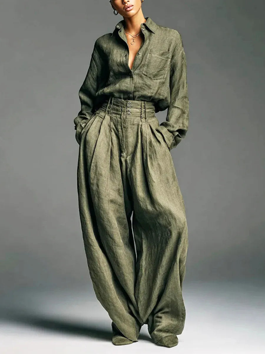 Women's Solid Color Art Casual Lapel Top And Pants Two-piece Set
